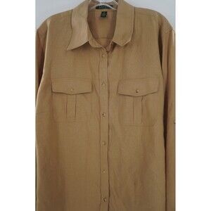 Lauren Ralph Lauren Khaki 100% Linen Safari Shirt Utility Coastal Chic Top Sz 2X